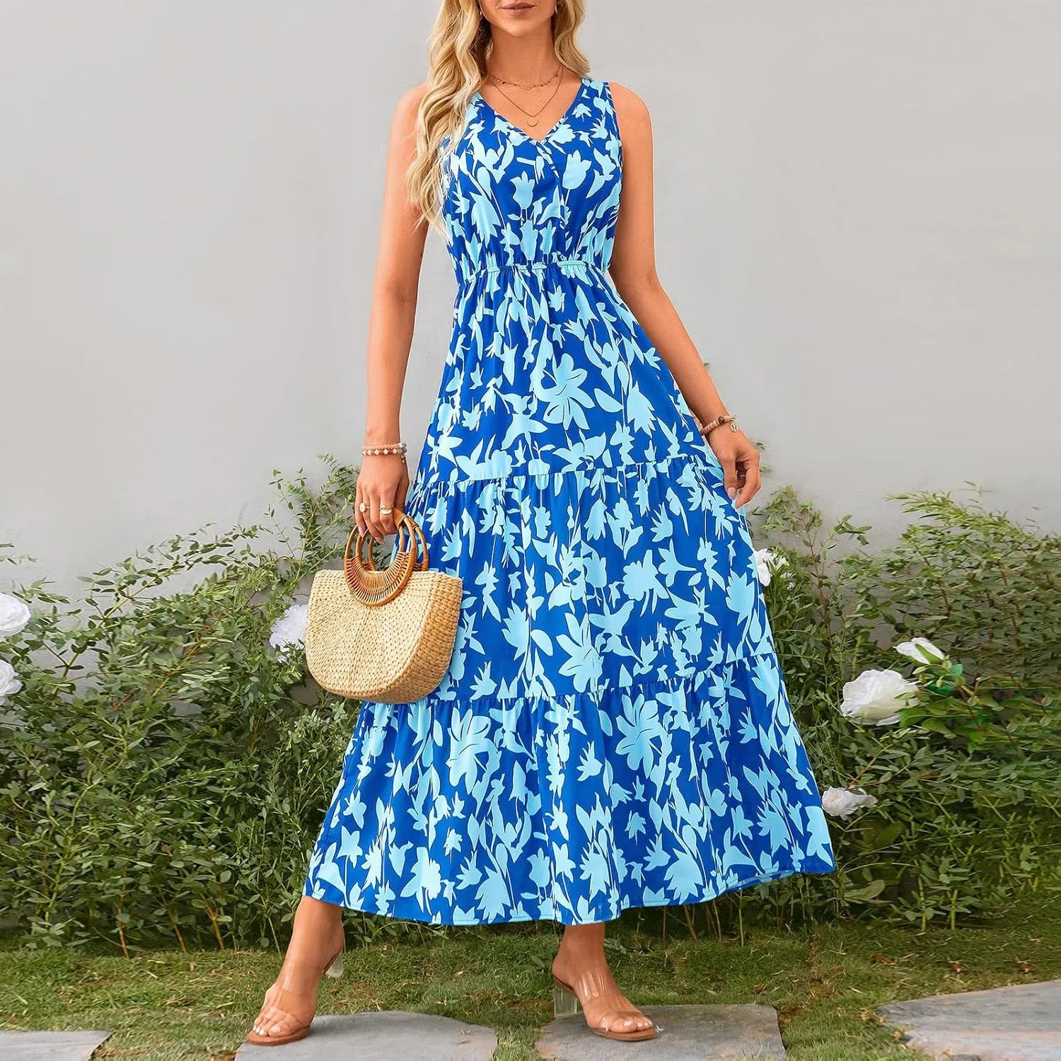 Women Summer Dresses Casual Sleeveless Maxi Dresses Cute Floral Long Dress Wedding Guest Dress V Neck Boho Dress