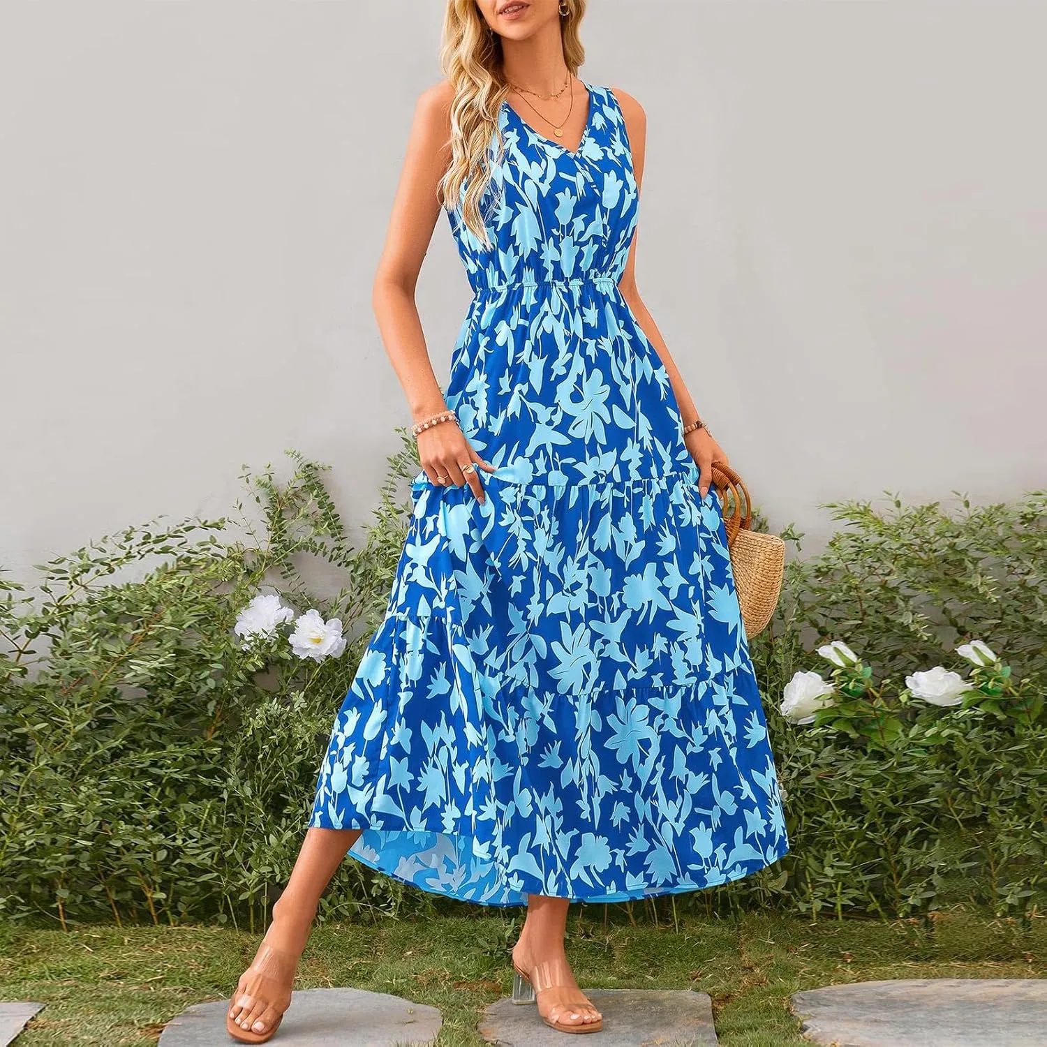 Women Summer Dresses Casual Sleeveless Maxi Dresses Cute Floral Long Dress Wedding Guest Dress V Neck Boho Dress