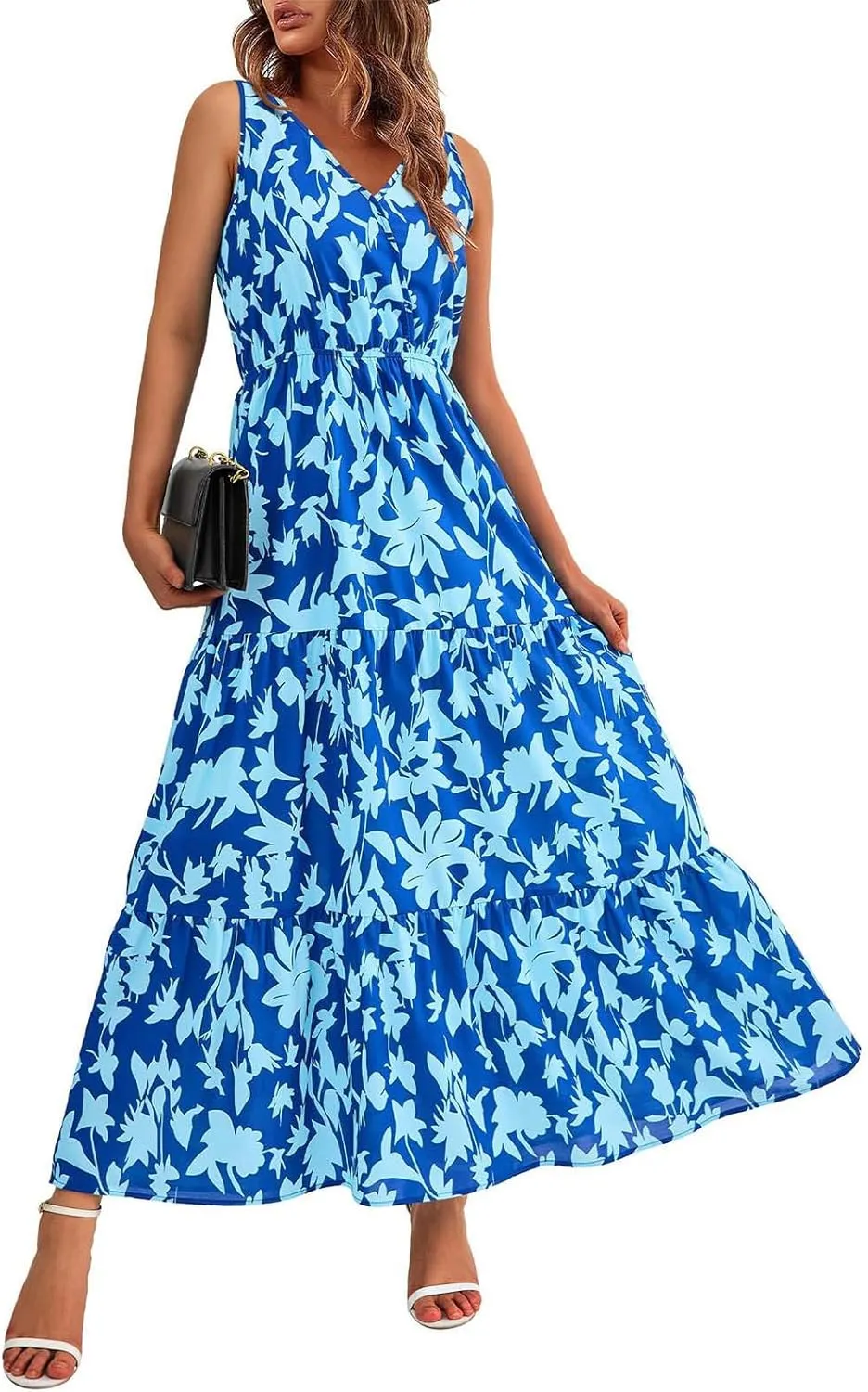 Women Summer Dresses Casual Sleeveless Maxi Dresses Cute Floral Long Dress Wedding Guest Dress V Neck Boho Dress