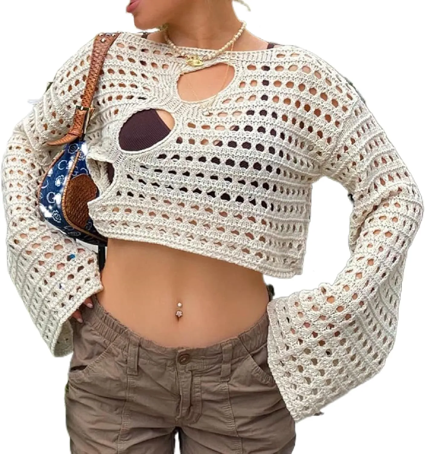 Women Y2K Knitted Crop Tops Color Block Patchwork Sweaters Long Sleeve Crochet Coverup Trendy Autumn Streetwear