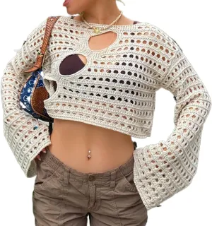 Women Y2K Knitted Crop Tops Color Block Patchwork Sweaters Long Sleeve Crochet Coverup Trendy Autumn Streetwear