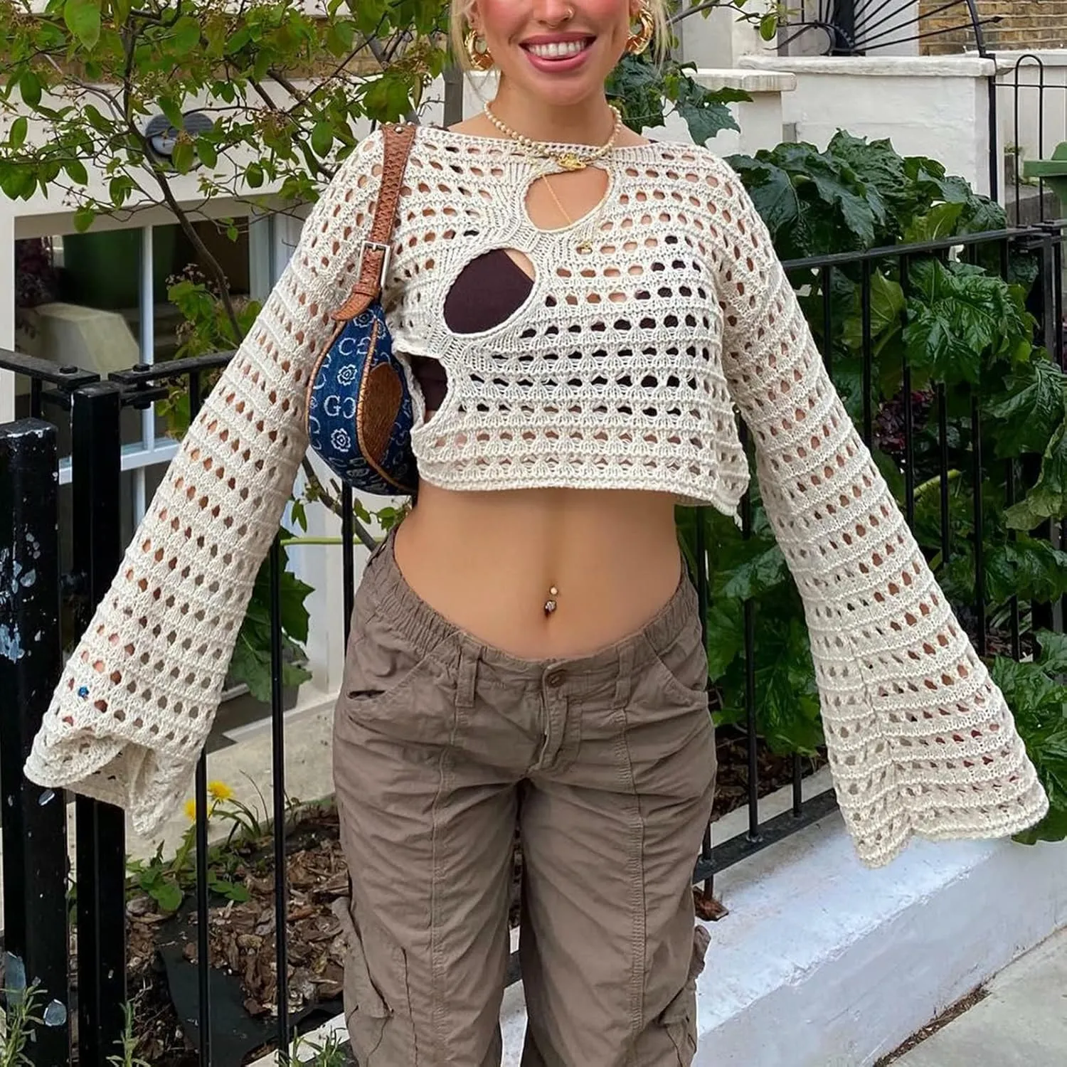 Women Y2K Knitted Crop Tops Color Block Patchwork Sweaters Long Sleeve Crochet Coverup Trendy Autumn Streetwear