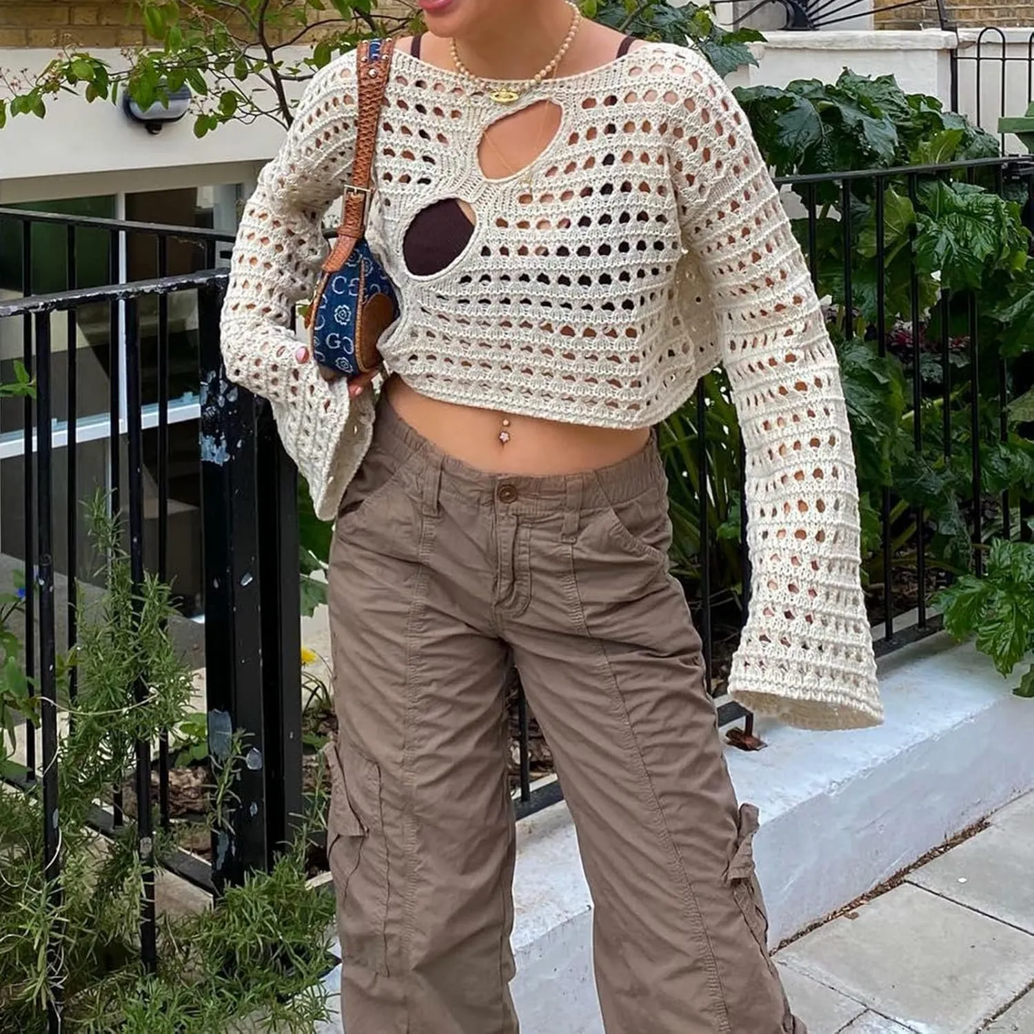 Women Y2K Knitted Crop Tops Color Block Patchwork Sweaters Long Sleeve Crochet Coverup Trendy Autumn Streetwear
