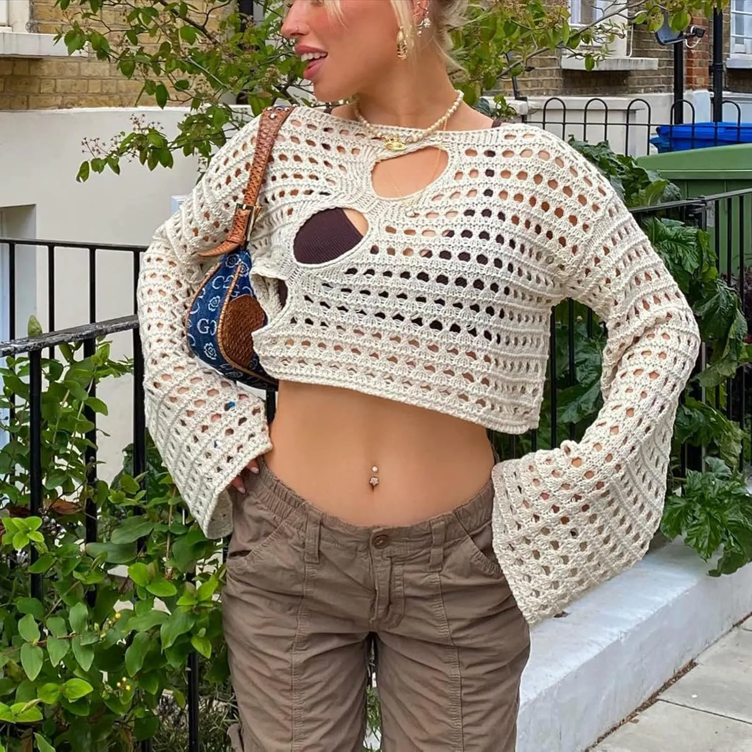 Women Y2K Knitted Crop Tops Color Block Patchwork Sweaters Long Sleeve Crochet Coverup Trendy Autumn Streetwear