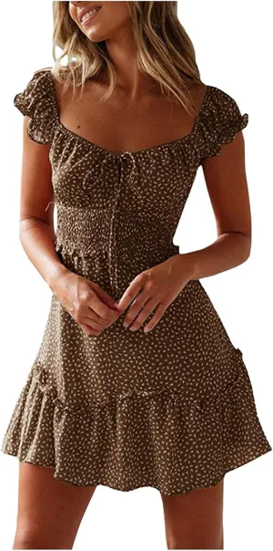 Womens 2025 Summer Ruffle Dress Casual Sexy Short Sleeve Boho Short Mini Beach Vacation Sundress