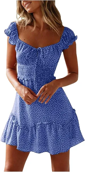 Womens 2025 Summer Ruffle Dress Casual Sexy Short Sleeve Boho Short Mini Beach Vacation Sundress