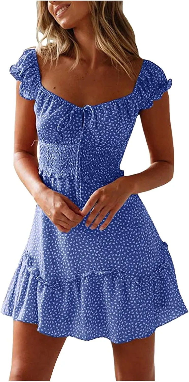 Womens 2025 Summer Ruffle Dress Casual Sexy Short Sleeve Boho Short Mini Beach Vacation Sundress