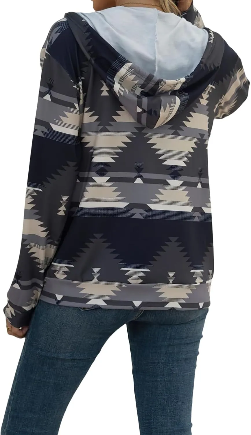 Women's Aztec Pattern Western Coats Ethnic Style Hooded Sweatshirts Casual Long Sleeve Zip Up Vintage Jackets
