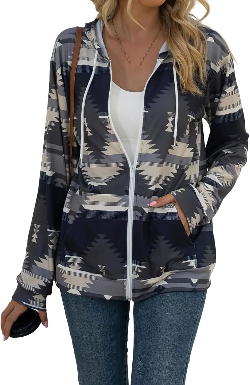 Women's Aztec Pattern Western Coats Ethnic Style Hooded Sweatshirts Casual Long Sleeve Zip Up Vintage Jackets