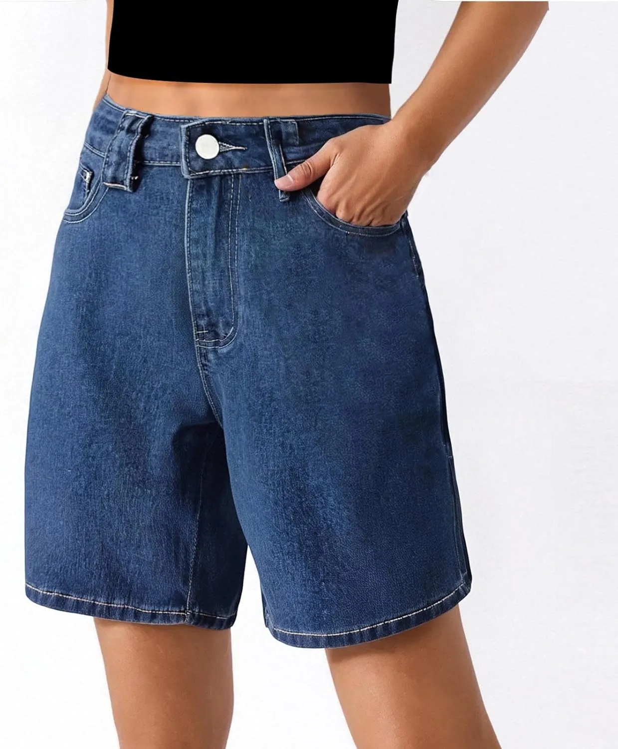 Womens Baggy Denim Bermuda Shorts High Waisted Straight Leg Denim Shorts Casual Knee Length Jean Jorts with Pockets