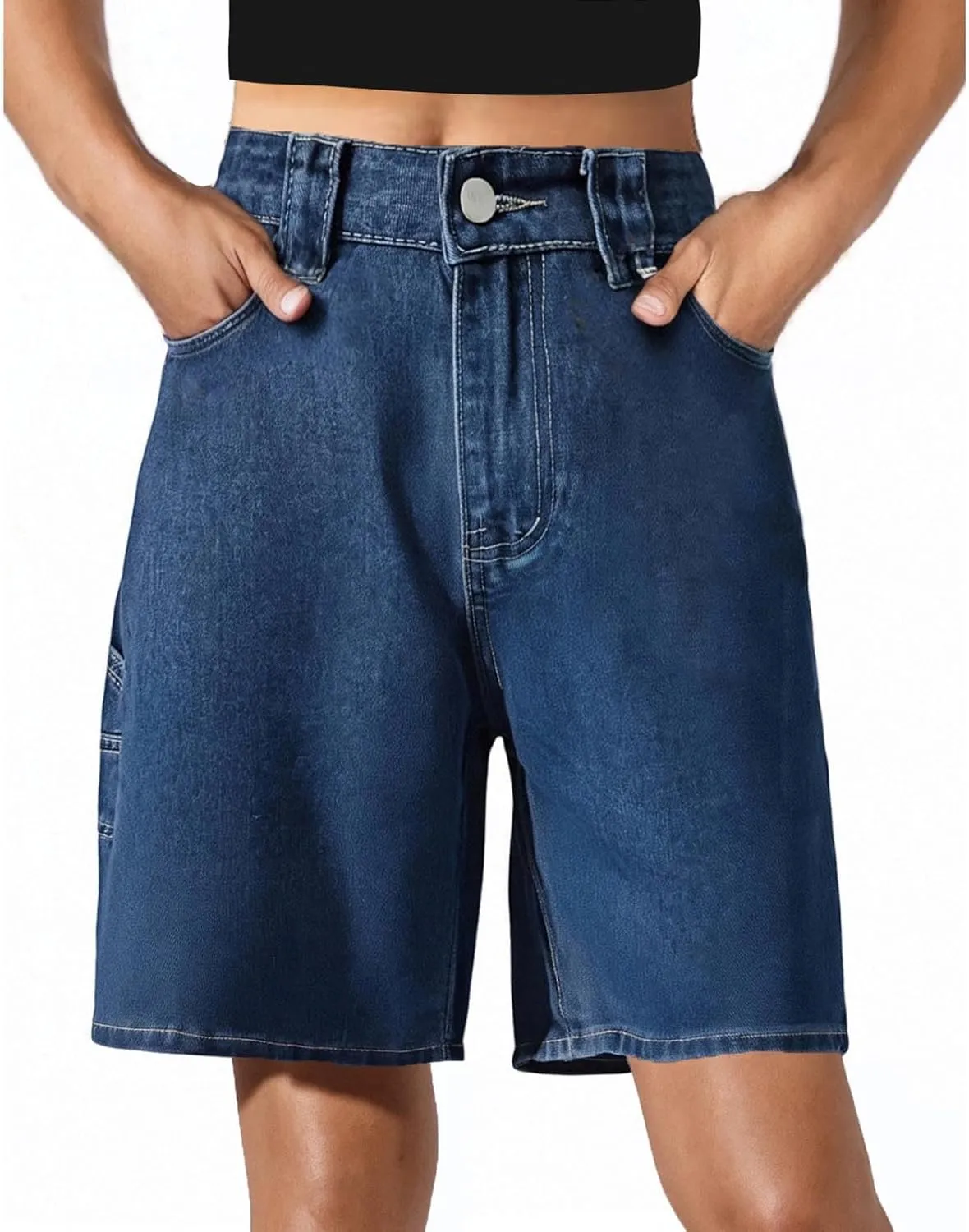 Womens Baggy Denim Bermuda Shorts High Waisted Straight Leg Denim Shorts Casual Knee Length Jean Jorts with Pockets