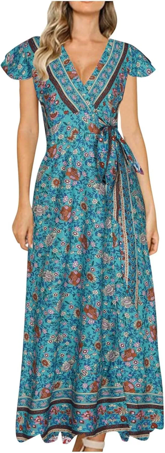 Women's Bohemia Maxi Dress Warp V Neck Floral Print Casual Loose Ruffle Short Sleeve Vacation Long Dress with Belt