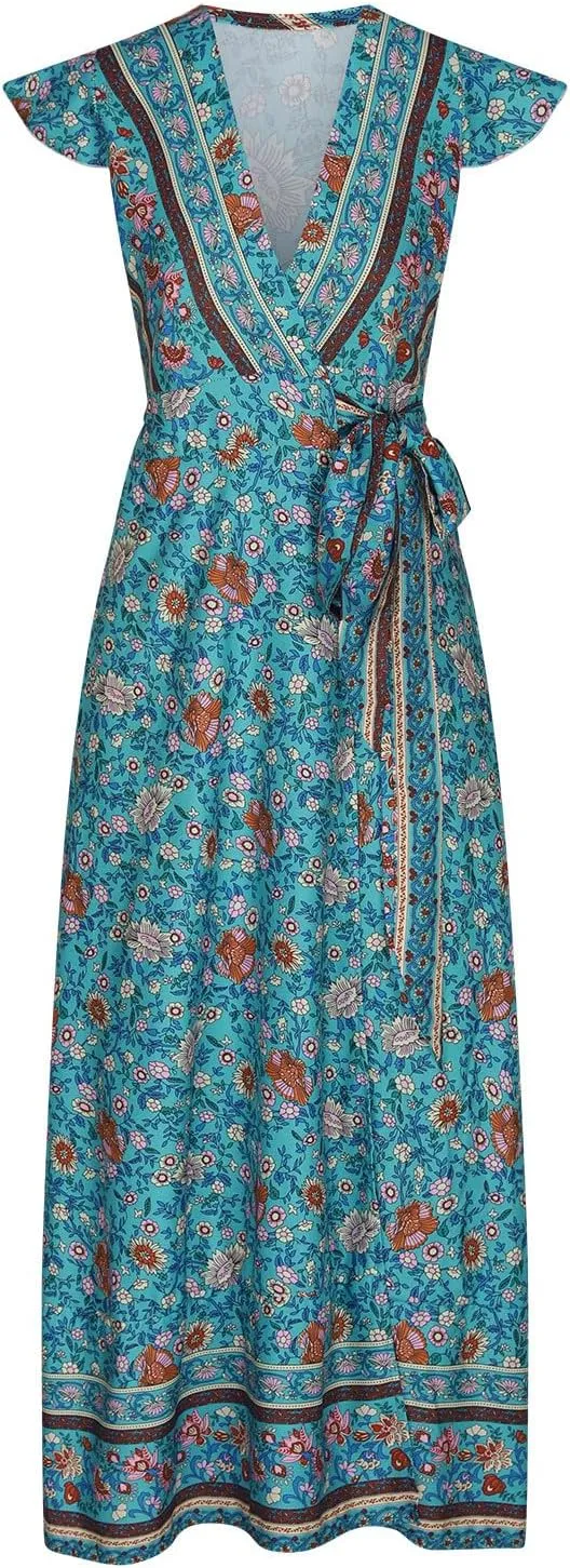 Women's Bohemia Maxi Dress Warp V Neck Floral Print Casual Loose Ruffle Short Sleeve Vacation Long Dress with Belt