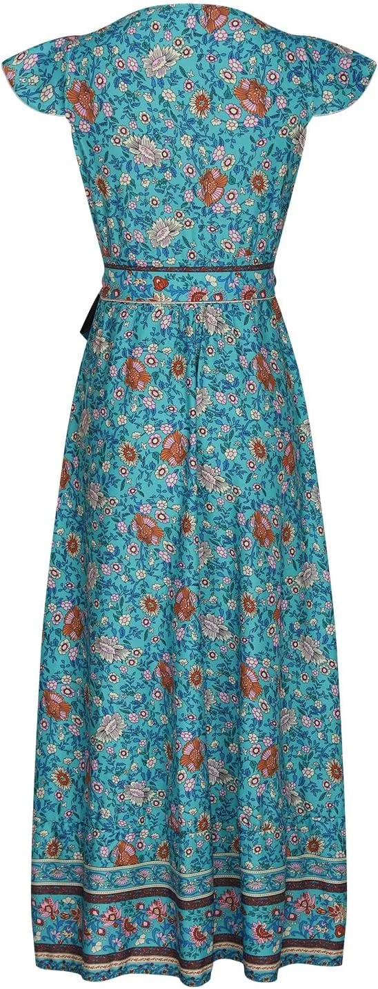 Women's Bohemia Maxi Dress Warp V Neck Floral Print Casual Loose Ruffle Short Sleeve Vacation Long Dress with Belt