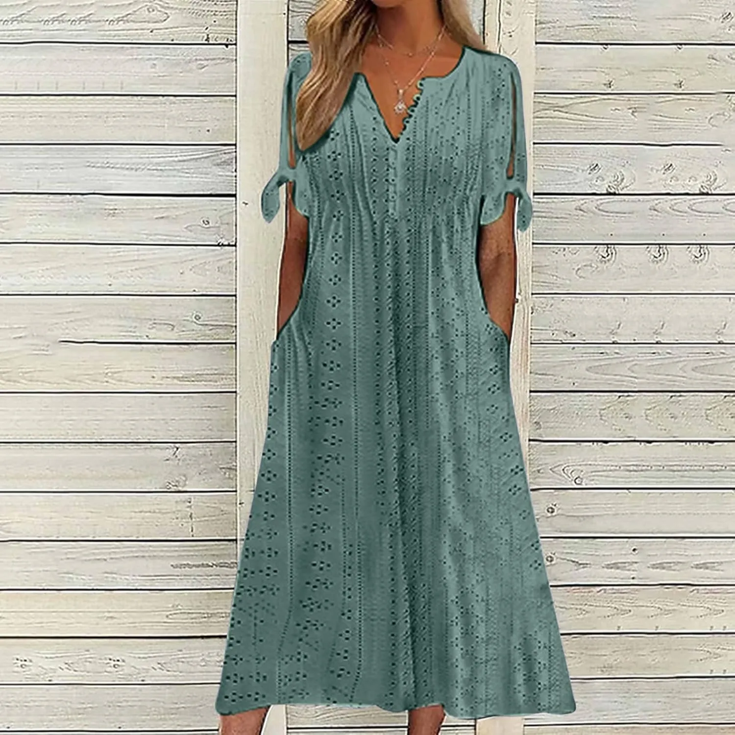Womens Boho Eyelet Pastel Dress Button V Neck Tie Knot Short Sleeve Flowy Vacation Beach Midi Dresses with Pocket
