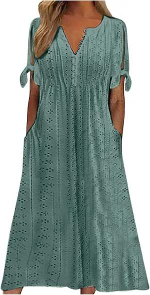 Womens Boho Eyelet Pastel Dress Button V Neck Tie Knot Short Sleeve Flowy Vacation Beach Midi Dresses with Pocket