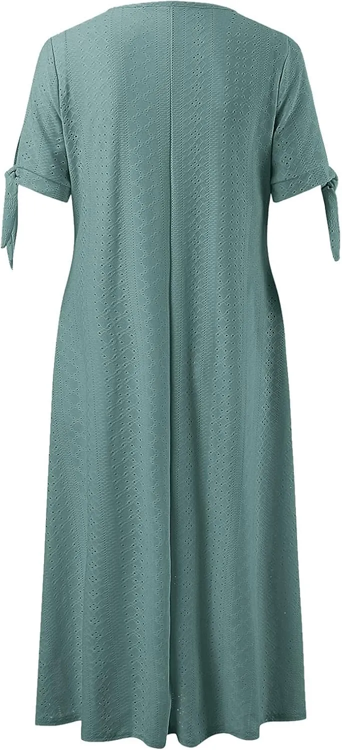 Womens Boho Eyelet Pastel Dress Button V Neck Tie Knot Short Sleeve Flowy Vacation Beach Midi Dresses with Pocket