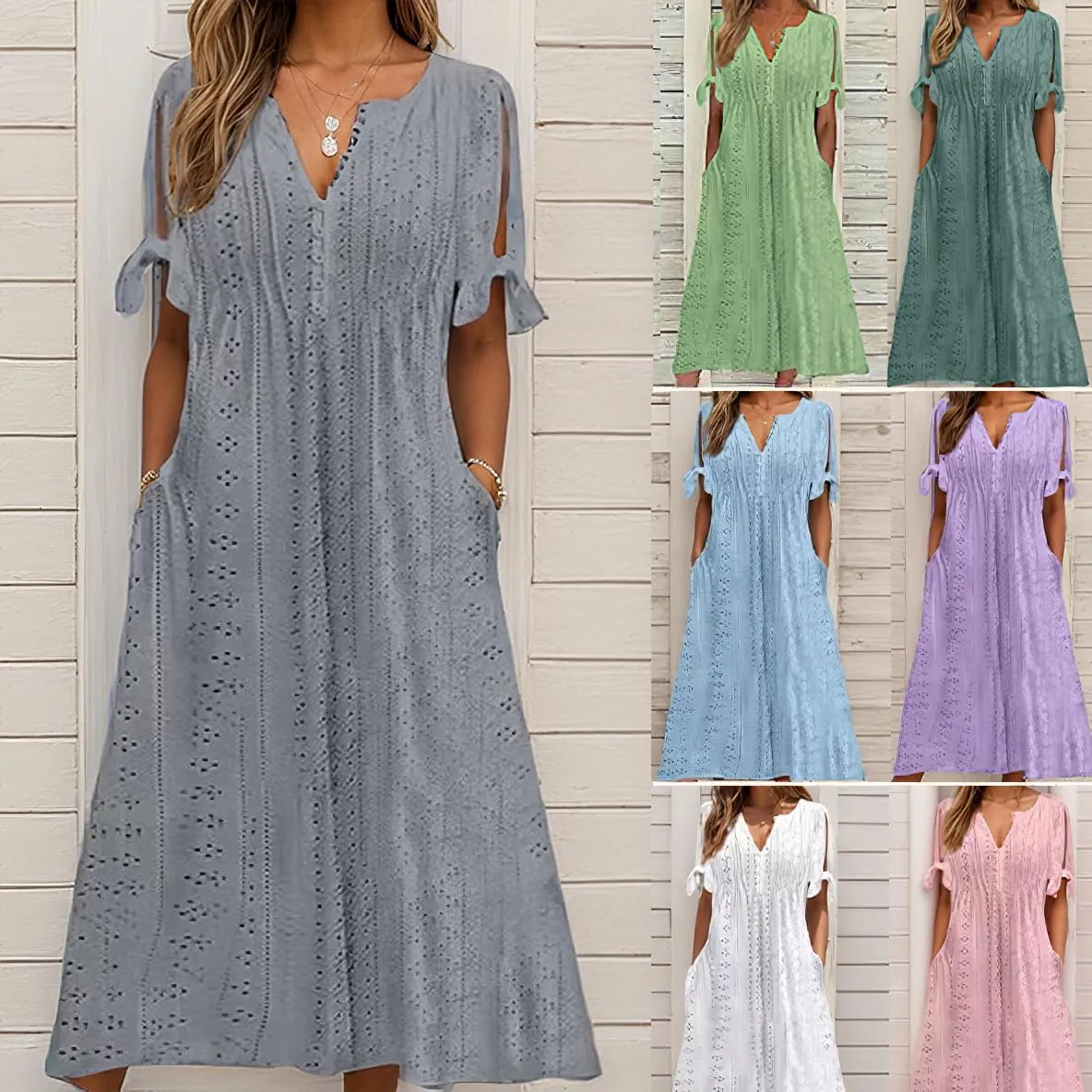 Women's Boho Eyelet Pastel Dress Button V Neck Tie Knot Short Sleeve Vacation Beach Midi Dresses with Pockets