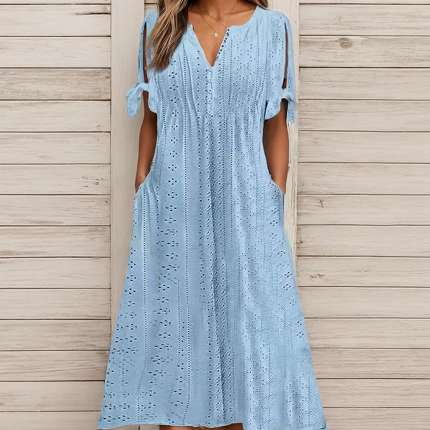 Women's Boho Eyelet Pastel Dress Button V Neck Tie Knot Short Sleeve Vacation Beach Midi Dresses with Pockets
