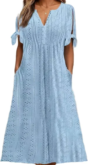 Women's Boho Eyelet Pastel Dress Button V Neck Tie Knot Short Sleeve Vacation Beach Midi Dresses with Pockets