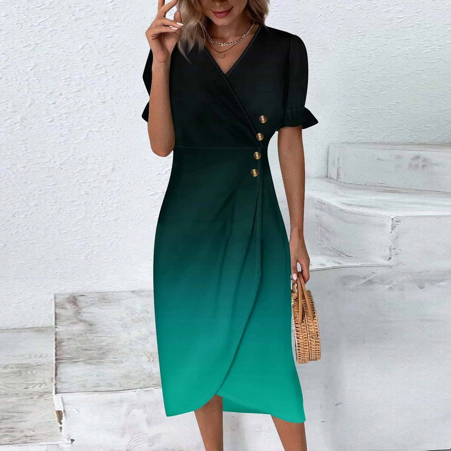 Womens Boho Floral Dresses V Neck Puff Short Sleeve Colorful Graphic Print Asymmetric Midi Dress Summer 2025