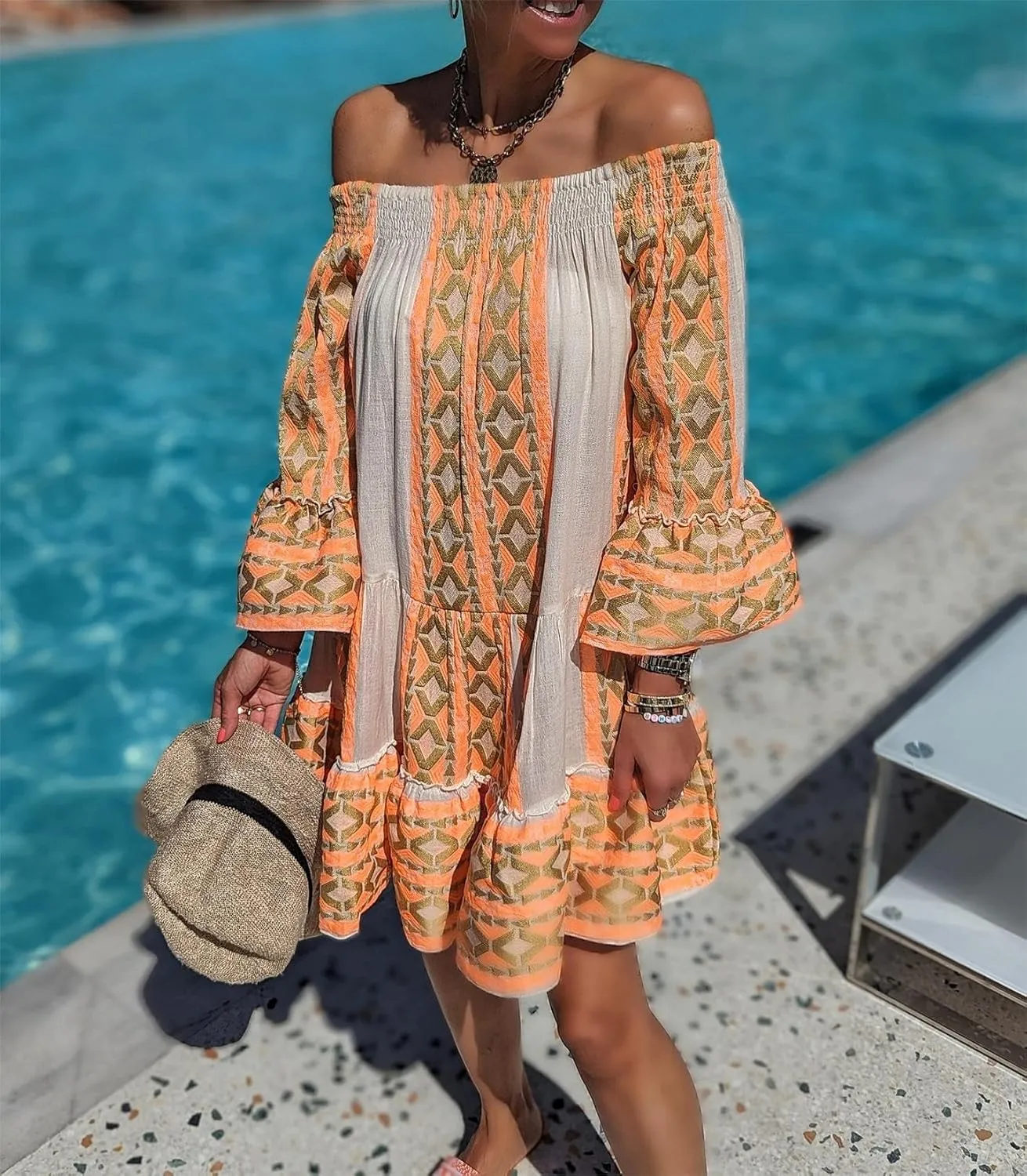 Womens Boho Floral Off Shoulder Dress Casual Long Sleeve Geometric Print Loose Flowy Beach Vacation Knee Length Dress