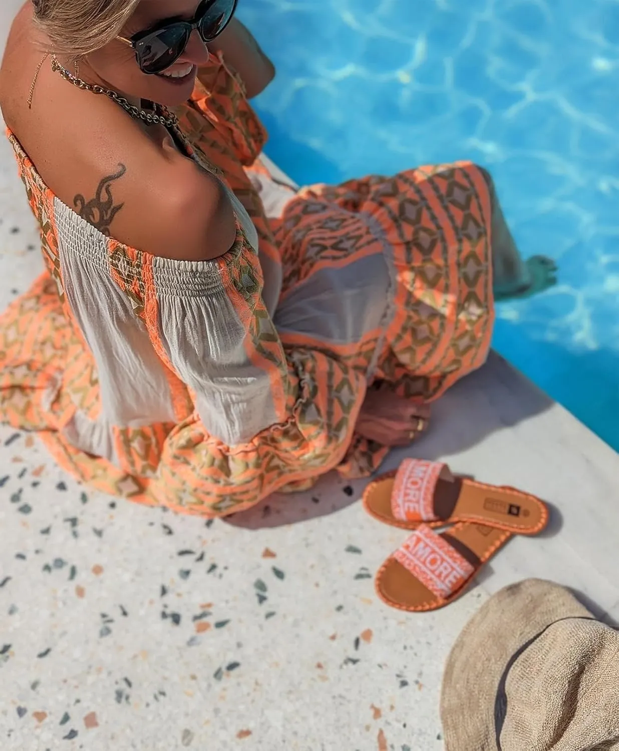 Womens Boho Floral Off Shoulder Dress Casual Long Sleeve Geometric Print Loose Flowy Beach Vacation Knee Length Dress