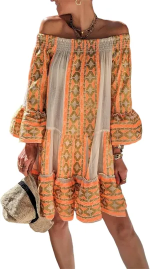 Womens Boho Floral Off Shoulder Dress Casual Long Sleeve Geometric Print Loose Flowy Beach Vacation Knee Length Dress
