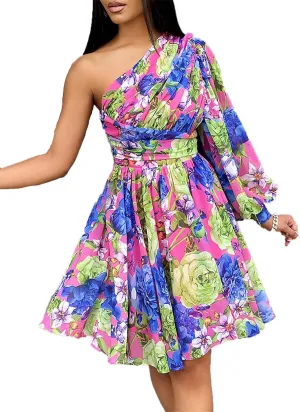 Women's Boho Floral Print One Shoulder Mini Dress Summer A-Line Swing Mini Ruffle Dresses