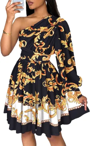 Women's Boho Floral Print One Shoulder Mini Dress Summer A-Line Swing Mini Ruffle Dresses