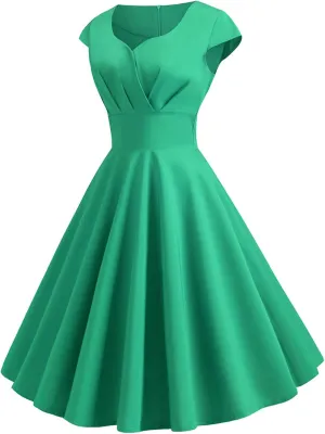 Womens Cap Sleeve 1950s Retro Vintage Cocktail Swing Dresses Elegant Pleated A-Line Midi Dress Evening Party Dress
