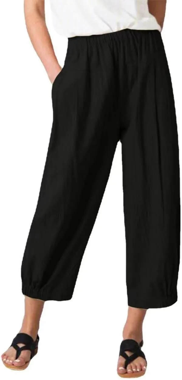 Women's Capri Pants with Pockets Drawstring High Waist Pants Flax Ankle Trousers Wide Leg Cropped Pants for Women