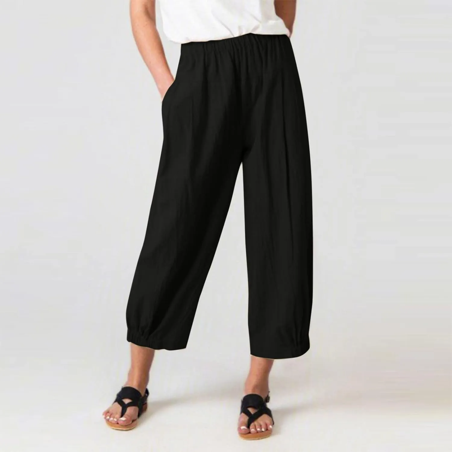 Women's Capri Pants with Pockets Drawstring High Waist Pants Flax Ankle Trousers Wide Leg Cropped Pants for Women