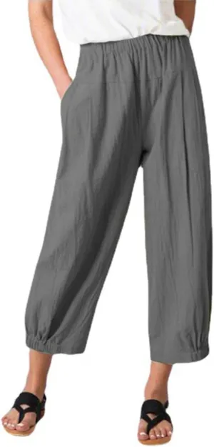 Women's Capri Pants with Pockets Drawstring High Waist Pants Flax Ankle Trousers Wide Leg Cropped Pants for Women