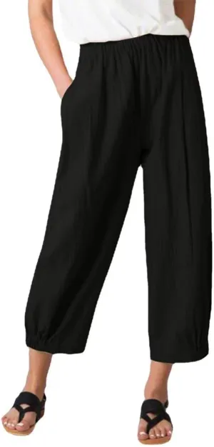 Women's Capri Pants with Pockets Drawstring High Waist Pants Flax Ankle Trousers Wide Leg Cropped Pants for Women