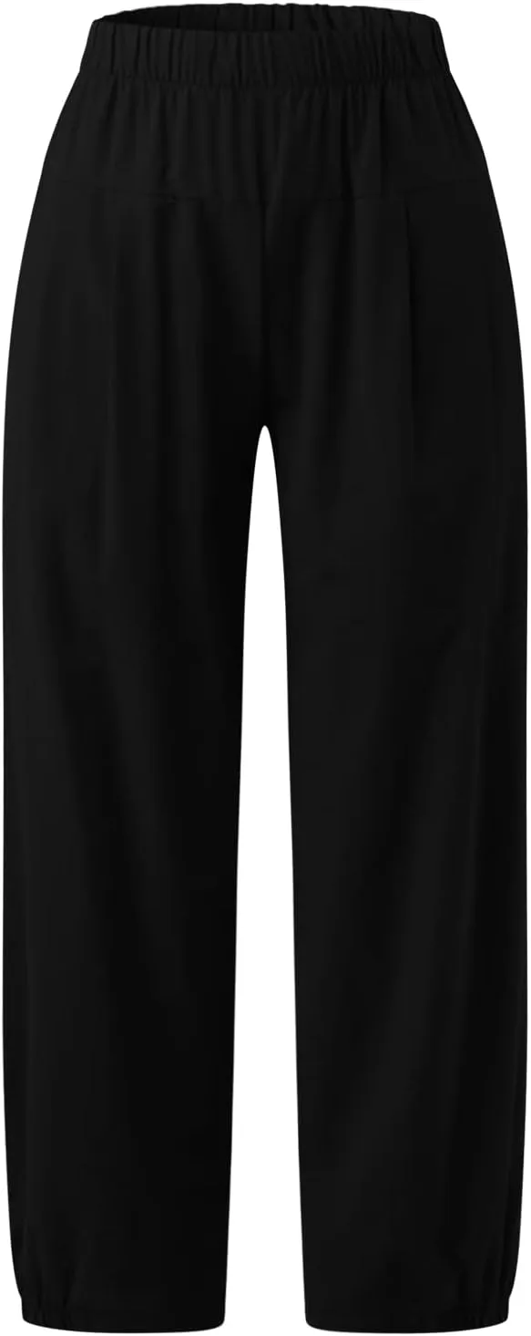 Women's Capri Pants with Pockets Drawstring High Waist Pants Flax Ankle Trousers Wide Leg Cropped Pants for Women