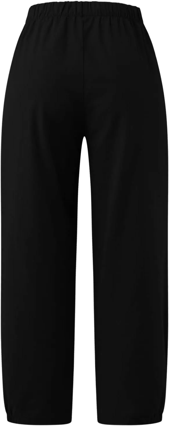 Women's Capri Pants with Pockets Drawstring High Waist Pants Flax Ankle Trousers Wide Leg Cropped Pants for Women