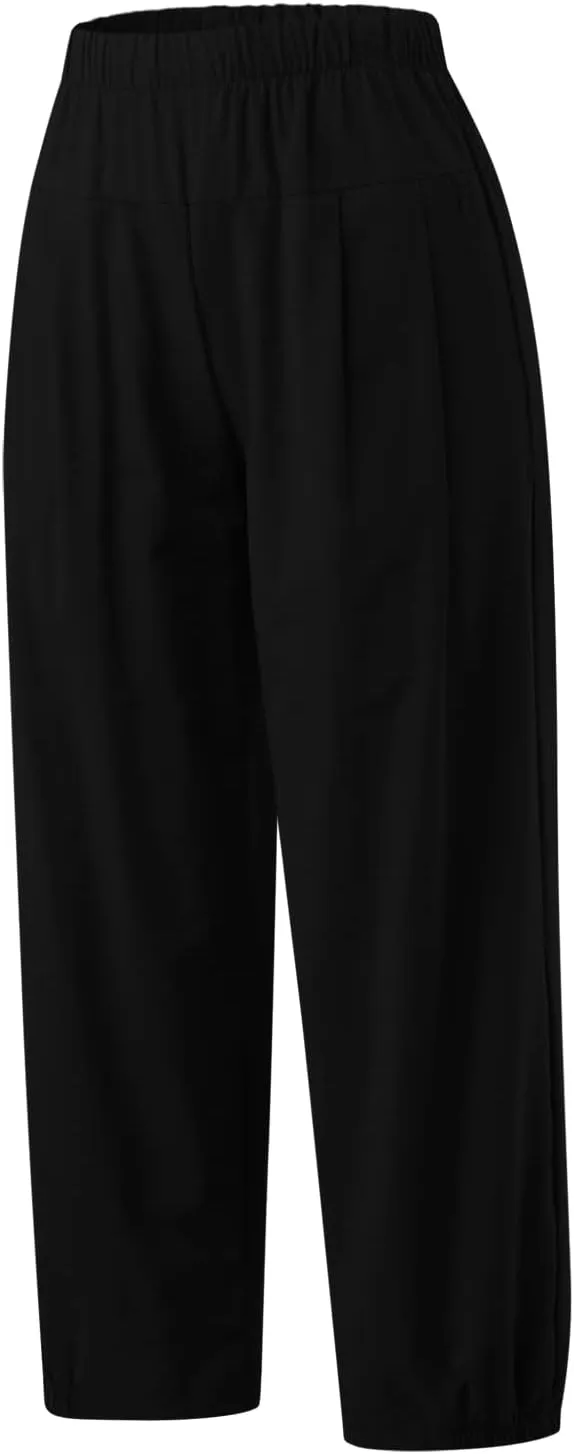 Women's Capri Pants with Pockets Drawstring High Waist Pants Flax Ankle Trousers Wide Leg Cropped Pants for Women