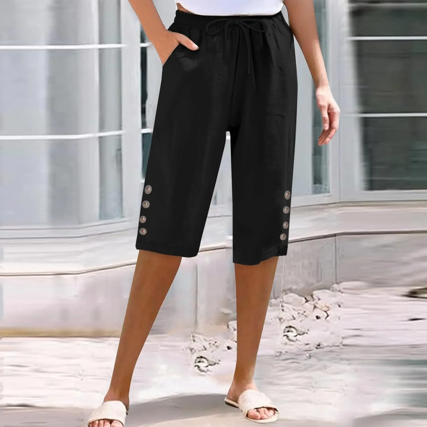 Womens Capris Pants High Waist Drawstring Comfy Casual Pants Lightweight Loose Trousers Buttons Trim with Pockets