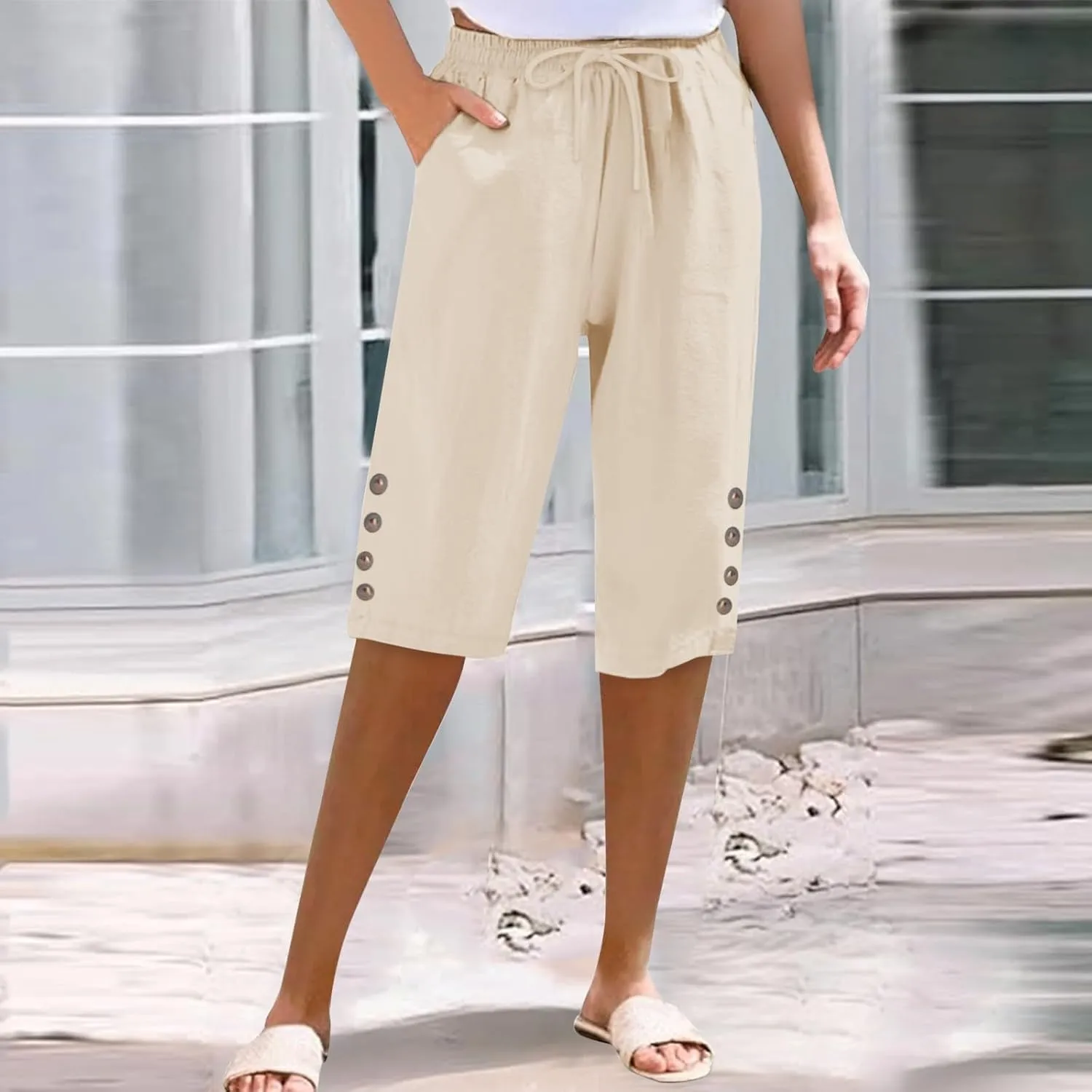 Womens Capris Pants High Waist Drawstring Comfy Casual Pants Lightweight Loose Trousers Buttons Trim with Pockets