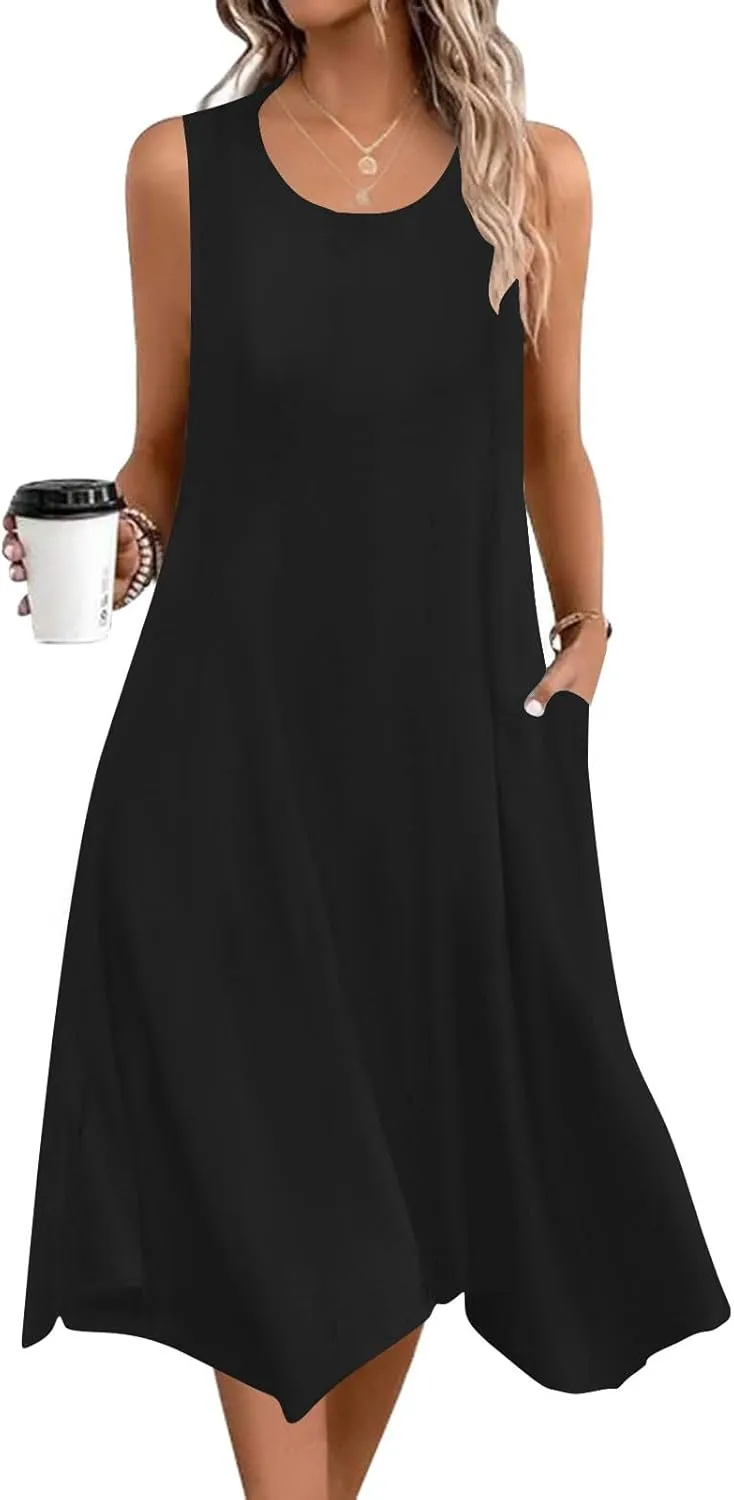 Women's Casual Dress for Summer Tank Dress Loose Flowy Beach Dress with Pockets Asymmetrical Hem Midi Sundress 2025