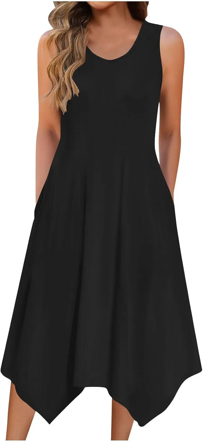 Women's Casual Dress for Summer Tank Dress Loose Flowy Beach Dress with Pockets Asymmetrical Hem Midi Sundress 2025