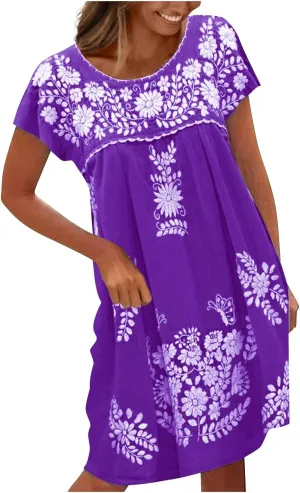 Women's Casual Dresses 2024 Trendy Summer Dresses Loose Swing Round Neck Short Sleeve Dress Vestidos, S-5XL