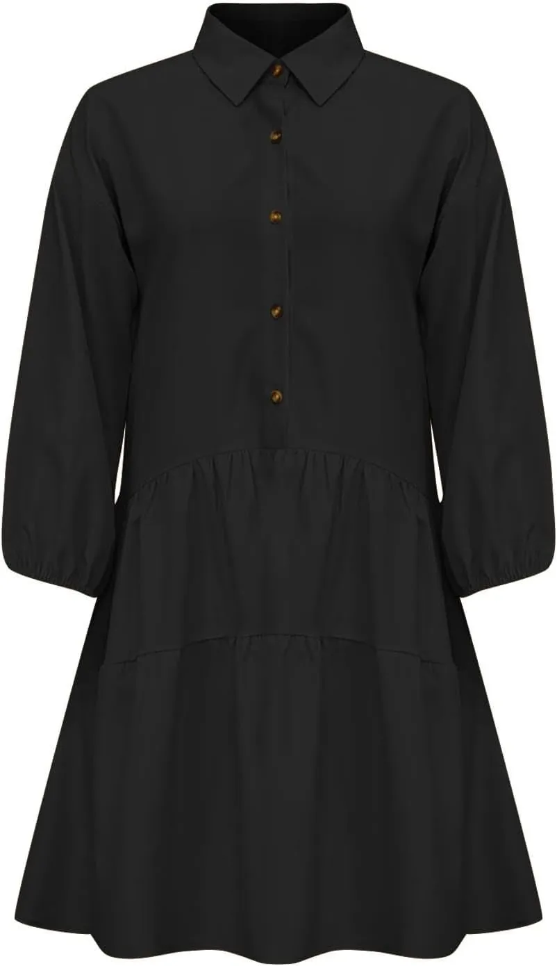 Women's Casual Dresses Long Sleeve Collared Button Down Shirt Dress Flowy Tiered Babydoll Mini Dress Fall Tunic Dress