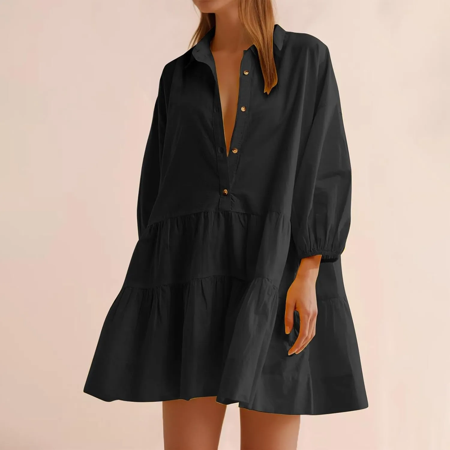 Women's Casual Dresses Long Sleeve Collared Button Down Shirt Dress Flowy Tiered Babydoll Mini Dress Fall Tunic Dress