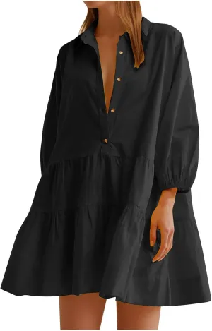 Women's Casual Dresses Long Sleeve Collared Button Down Shirt Dress Flowy Tiered Babydoll Mini Dress Fall Tunic Dress