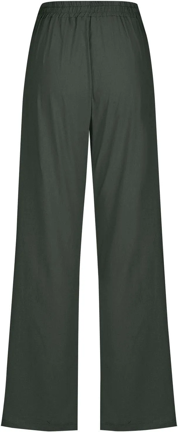Womens Casual Linen Pants High Waist Drawstring Loose Fit Trousers with Pockets Beach Vacation Clothes for Women