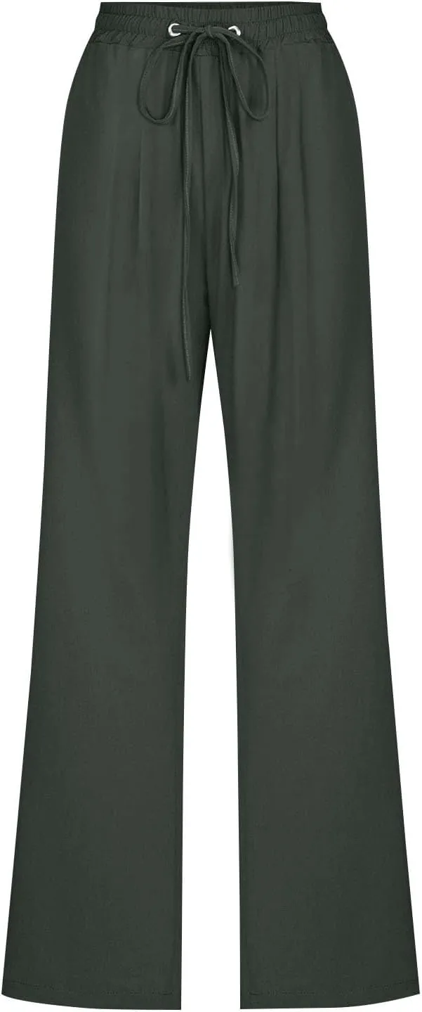 Womens Casual Linen Pants High Waist Drawstring Loose Fit Trousers with Pockets Beach Vacation Clothes for Women