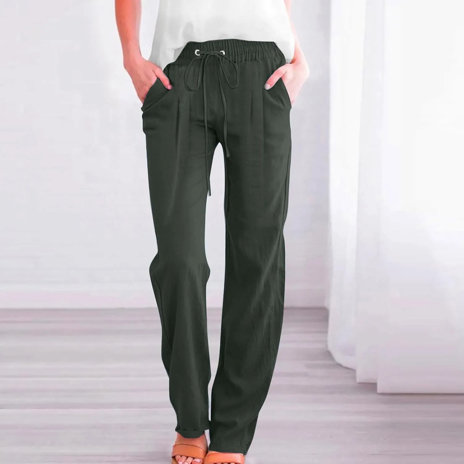 Womens Casual Linen Pants High Waist Drawstring Loose Fit Trousers with Pockets Beach Vacation Clothes for Women
