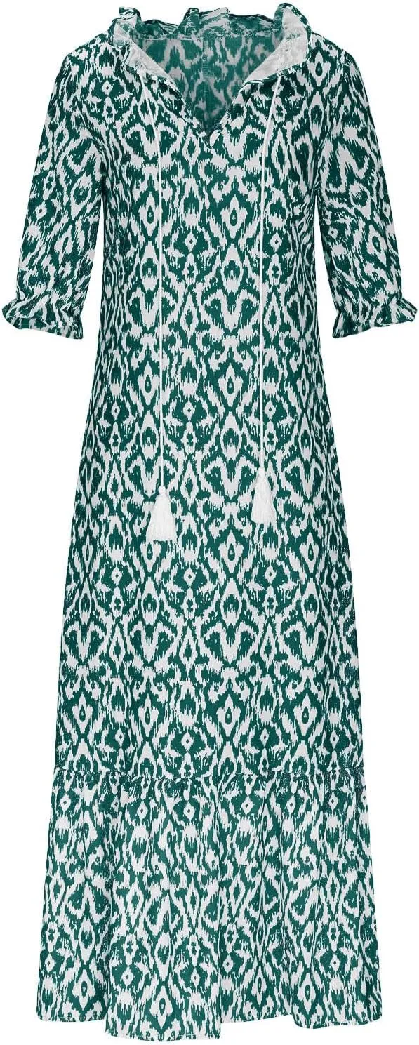 Women's Casual Loose Boho Floral Dresses 2025 Short Sleeve Drawstring V Neck Ruffle A Line Flowy Summer Beach Maxi Dress